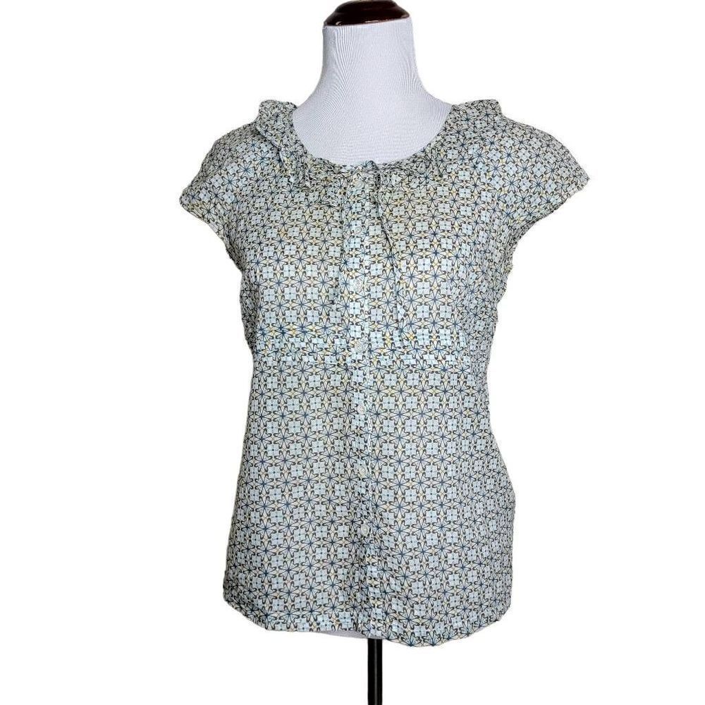 J Crew Tie Front Geo Print Ruffle Neck Blouse Top 6